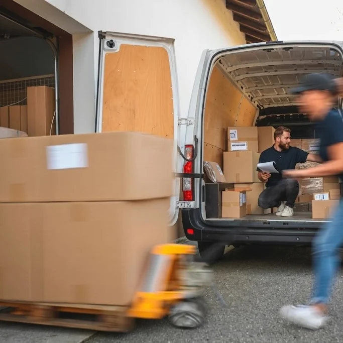 Operario de Mudanzas Bumerán retirando cajas y embalaje con una transpaleta